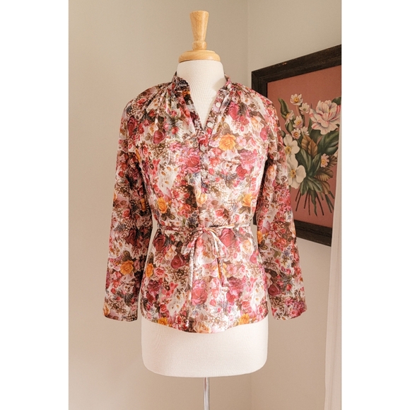70s Floral Long Sleeve Tie Neck or Waist 1970s Feminine Bohemian Vintage Blouse - Picture 13 of 16